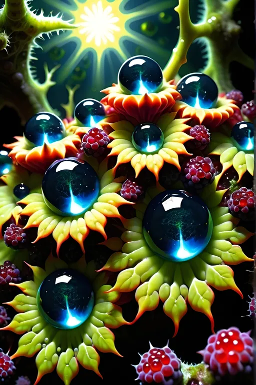 Prompt: High gloss, Prussian blue fractals throughout foreground, deep blood red crystals, high voltage lightning orbs across the background, chiaroscuro, high contrast lighting, fractal, romanesco, Phi ratio, fluorescent lime caviar,
Golden mean, lichen, forest green moss, assorted sizes of translucent berries, very large sunshine dew drops. 