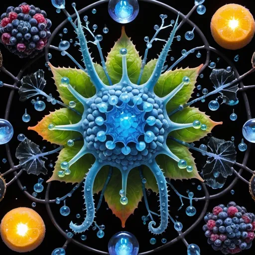 Prompt: Phi, Chiaroscuro, Mercury pool background, Minerals glowing, Ice crystals, high voltage lightning, Taxidermy, Organ, Frost, Iridescent, Romanesco, Black light, fluorescent electric rainbow, Tentacles, Prussian blue, Ochre, Electrical Storm, High gloss, Translucent fruit and berry cells, Sunshine dew drops, Sacred geometry, Ivy, violent chemical reactions