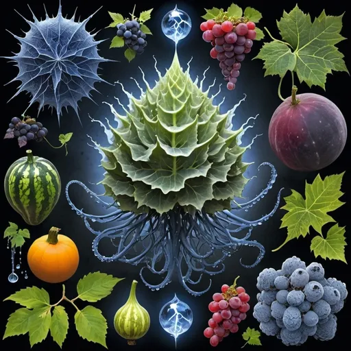 Prompt: Phi
Chiaroscuro 
Mercury
Minerals
Ice crystals
lightning
Liquid rainbow
Frost
Romanesco 
Tentacles
Vines
Tendrils
Pearlescent Grapes
Plasma
Prussian blue
Ochre
Electrical Storm
High gloss blood spatter
Translucent melons, squash or berries
Shrubbery
Morning dew drops
Sacred geometry 
Mandlebrot sets
Ivy
Electrochemical violent reactions