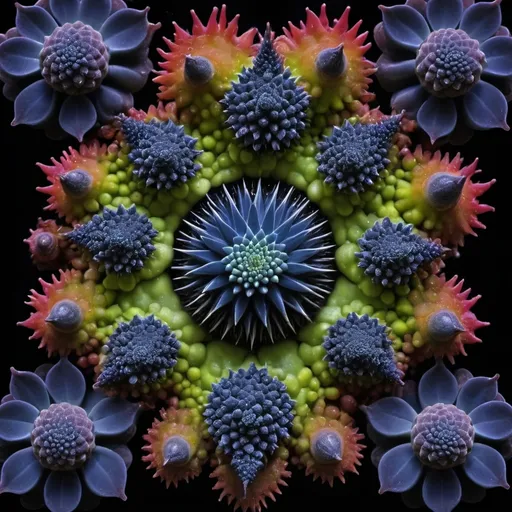 Prompt: Mercury droplets 
Chiaroscuro 
Ferrofluid kaleidoscope 
Ultraviolet Romanesco 
Prussian blue landscapes
Leafy greens
Electricity storm
Dark blood streams
Milk melons
Triangle ochre 
Ruby sunshine
Shrubbery and tendrils
Morning dew drops
Translucent sedum
Sacred geometry 
Mandlebrot sets
Ivy
Electrochemical explosions