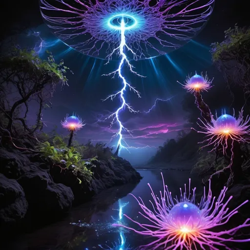 Prompt: Electrochemical dew drops
Black light Ultraviolet 
High voltage Tesla coil lightning storm 
Ferrofluid Moonbeams
Fluorescent Mandelbrot
Star light sapphire nebula 
Plant tendril’s 
Lake ice 
Chiaroscuro 
Sacred geometry 
Translucent Grapevines