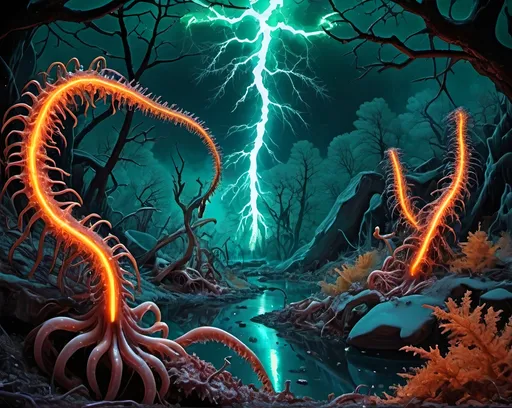 Prompt: Phi ratio, Chiaroscuro, x-rays, Mercury pool background, Minerals glowing, Ice crystals, carnivore bones, high voltage Tesla lightning, Frost, Iridescent streams in background, Black light, fluorescent electric Tentacles, Prussian blue foreground, deep forest green, Ochre and blood background, Electrical Storm, High gloss, Sunshine dew drops, violent chemical reactions