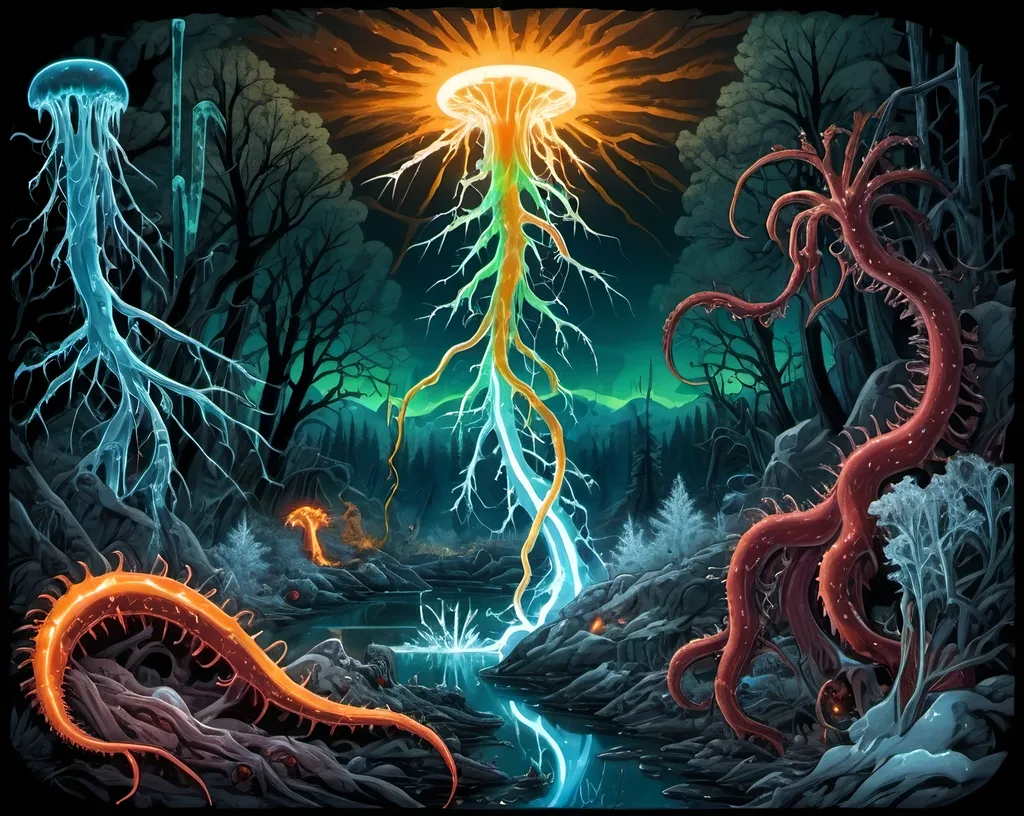 Prompt: Phi ratio, Chiaroscuro, x-rays, Mercury pool background, Minerals glowing, Ice crystals, carnivore bones, high voltage Tesla lightning, Frost, Iridescent streams in background, Black light, fluorescent electric Tentacles, Prussian blue foreground, deep forest green, Ochre and blood background, Electrical Storm, High gloss, Sunshine dew drops, violent chemical reactions