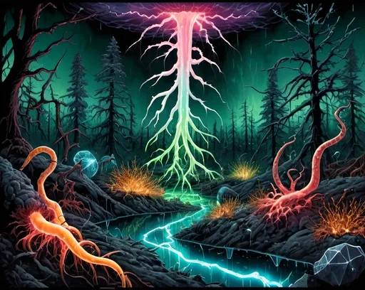 Prompt: Phi ratio, Chiaroscuro, x-rays, Mercury pool background, Minerals glowing, Ice crystals, carnivore bones, high voltage Tesla lightning, Frost, Iridescent streams in background, Black light, fluorescent electric Tentacles, Prussian blue foreground, deep forest green, Ochre and blood background, Electrical Storm, High gloss, Sunshine dew drops, violent chemical reactions