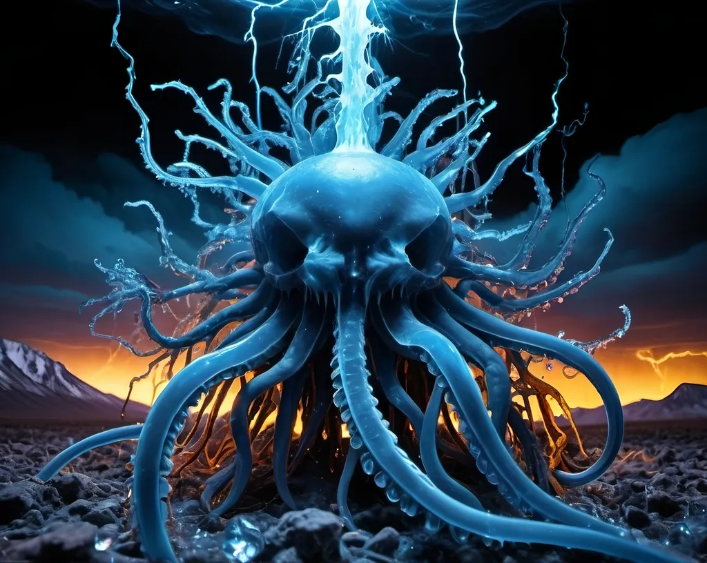 Prompt: Phi ratio, Chiaroscuro, x-rays, Mercury pool background, Minerals glowing, Ice crystals, carnivore bones, high voltage Tesla lightning, Frost, Iridescent streams in background, Black light, fluorescent electric Tentacles, Prussian blue, Ochre, Electrical Storm, High gloss, Sunshine dew drops, violent chemical reactions