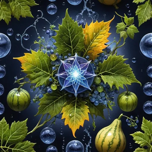 Prompt: Phi
Chiaroscuro 
Mercury
Minerals
crystals
lightning
Liquid rainbow
Frost
Romanesco 
Vines
Tendrils
Pearlescent Grapes
Plasma
Prussian blue
Ochre
Electrical Storm
High gloss blood spatter
Translucent melons, squash or berries
Shrubbery
Morning dew drops
Sacred geometry 
Mandlebrot sets
Ivy
Electrochemical violent reactions