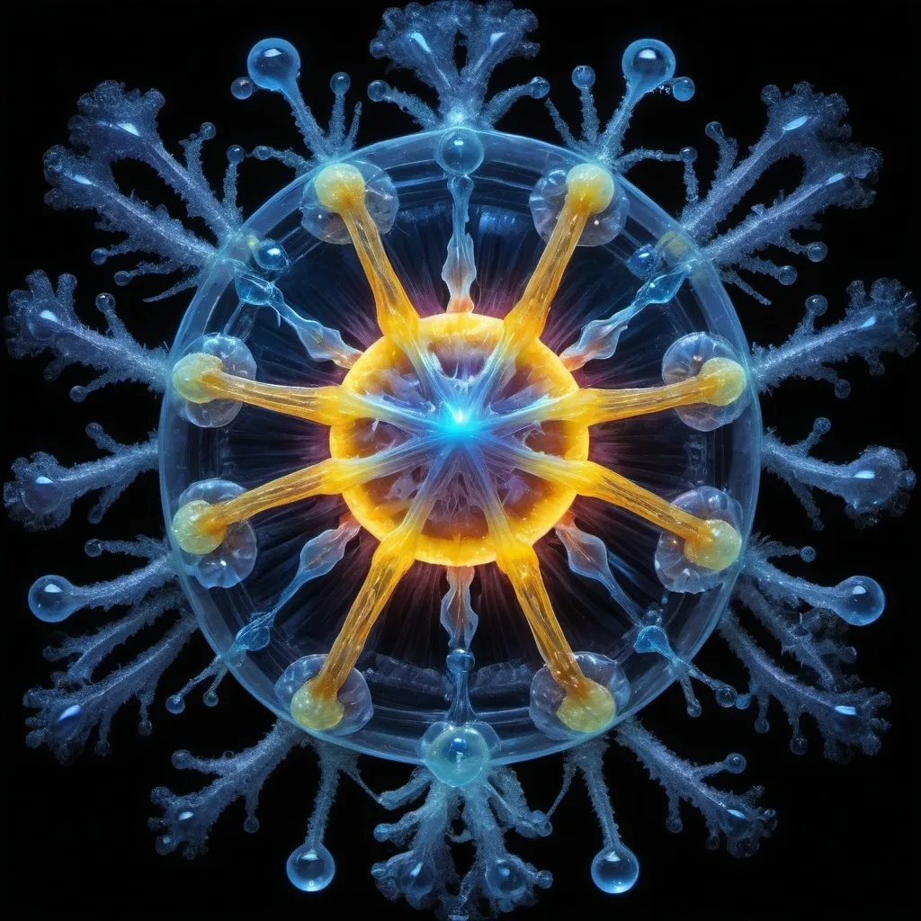 Prompt: Phi, Chiaroscuro, x-rays, Mercury pool background, Minerals glowing, Ice crystals, cilia, ganglion, high voltage Tesla lightning, Taxidermy, Organ, Frost, Iridescent streams, Romanesco, Black light, fluorescent electric rainbow, Tentacles, Prussian blue, Ochre, Electrical Storm, High gloss, Sunshine dew drops, Sacred geometry, violent chemical reactions