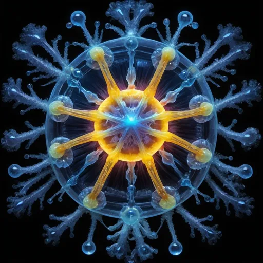 Prompt: Phi, Chiaroscuro, x-rays, Mercury pool background, Minerals glowing, Ice crystals, cilia, ganglion, high voltage Tesla lightning, Taxidermy, Organ, Frost, Iridescent streams, Romanesco, Black light, fluorescent electric rainbow, Tentacles, Prussian blue, Ochre, Electrical Storm, High gloss, Sunshine dew drops, Sacred geometry, violent chemical reactions