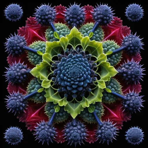 Prompt: Mercury droplets 
Chiaroscuro 
Ferrofluid kaleidoscope 
Ultraviolet Romanesco 
Prussian blue landscapes
Leafy greens
Electricity storm
Dark blood streams
Milk melons
Triangle ochre 
Ruby sunshine
Shrubbery and tendrils
Morning dew drops
Translucent sedum
Sacred geometry 
Mandlebrot sets
Ivy
Electrochemical explosions