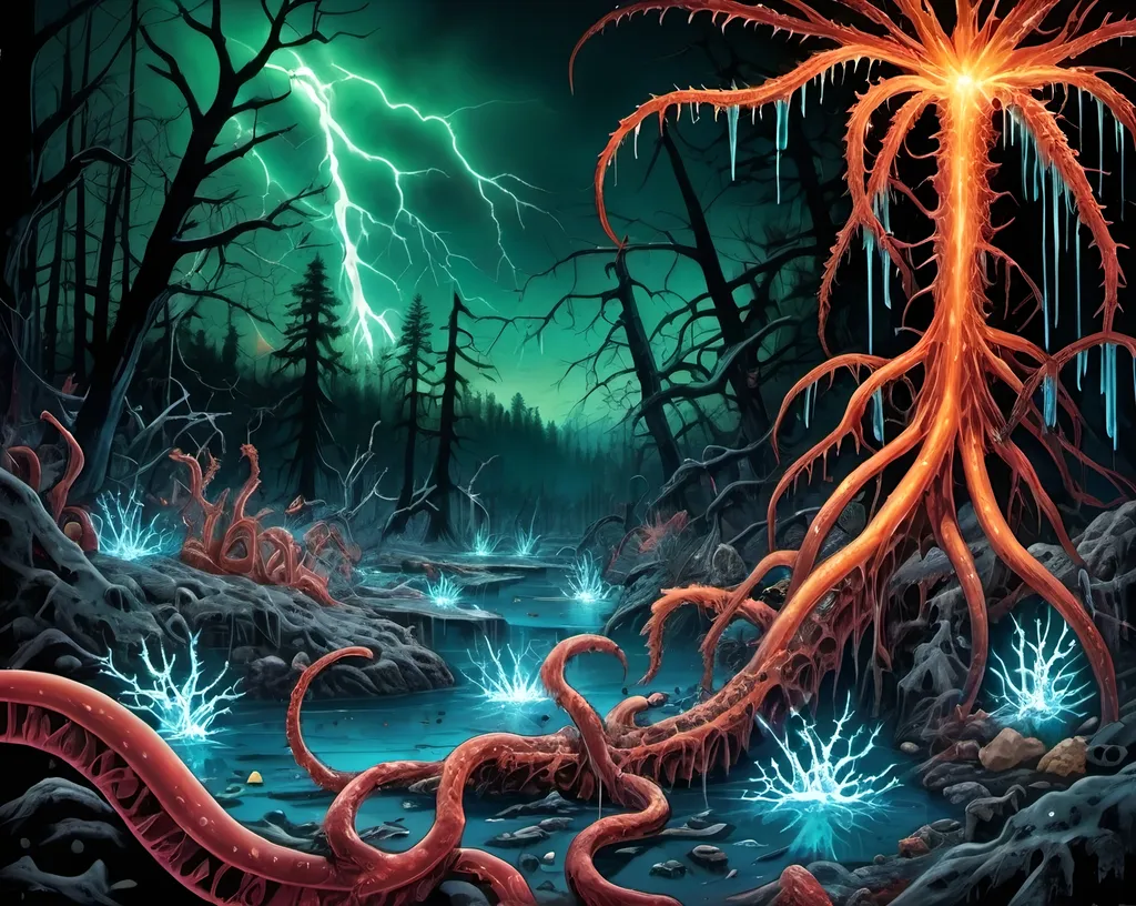 Prompt: Phi ratio, Chiaroscuro, x-rays, Mercury pool background, Minerals glowing, Ice crystals, carnivore bones, high voltage Tesla lightning, Frost, Iridescent streams in background, Black light, fluorescent electric Tentacles, Prussian blue foreground, deep forest green, Ochre and blood background, Electrical Storm, High gloss, Sunshine dew drops, violent chemical reactions