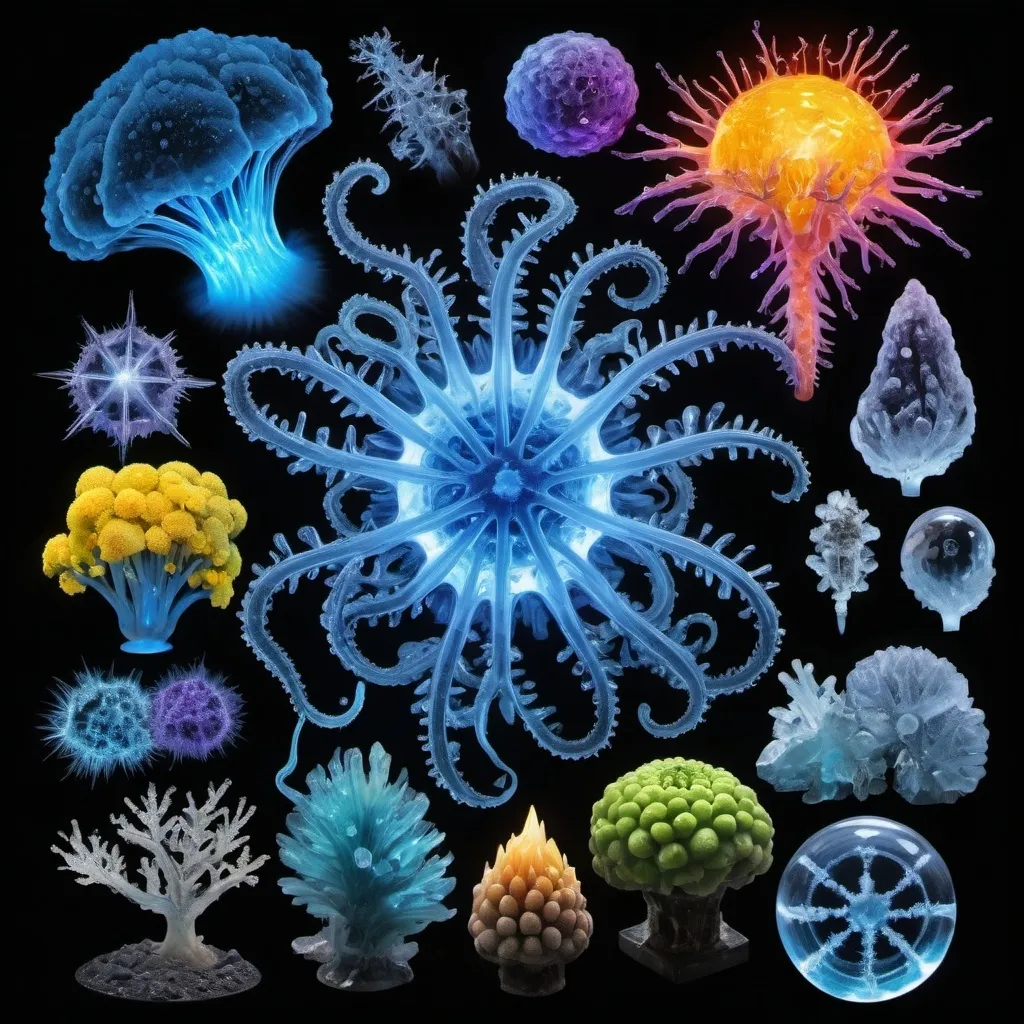 Prompt: Phi, Chiaroscuro, x-rays, Mercury pool background, Minerals glowing, Ice crystals, high voltage lightning, Taxidermy, Organ, Frost, Iridescent streams, Romanesco, Black light, fluorescent electric rainbow, Tentacles, Prussian blue, Ochre, Electrical Storm, High gloss, Translucent plant cells, Sunshine dew drops, Sacred geometry, violent chemical reactions