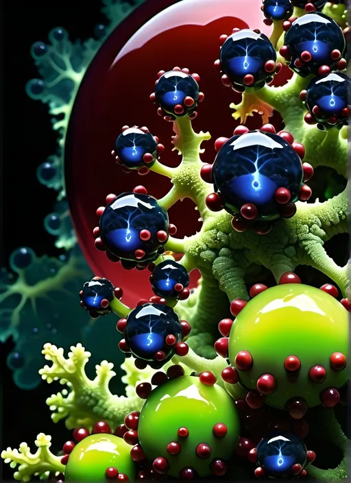 Prompt: High gloss, Prussian blue fractals throughout foreground, deep blood red crystals, high voltage lightning orbs across the background, chiaroscuro, high contrast lighting, fractal, romanesco, Phi ratio, fluorescent lime caviar,
Golden mean, lichen, forest green moss, assorted sizes of translucent berries, very large sunshine dew drops. 