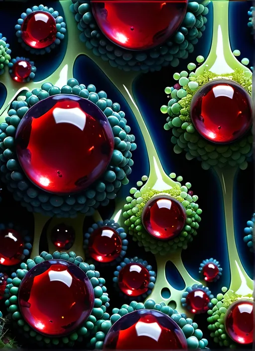 Prompt: High gloss, Prussian blue fractals throughout foreground, deep blood red crystals, high voltage lightning orbs across the background, chiaroscuro, high contrast lighting, fractal, assorted plant cell membranes as a background, Phi ratio, fluorescent lime caviar,
Golden mean, lichen, forest green moss, assorted sizes of translucent berries, very large sunshine dew drops. 