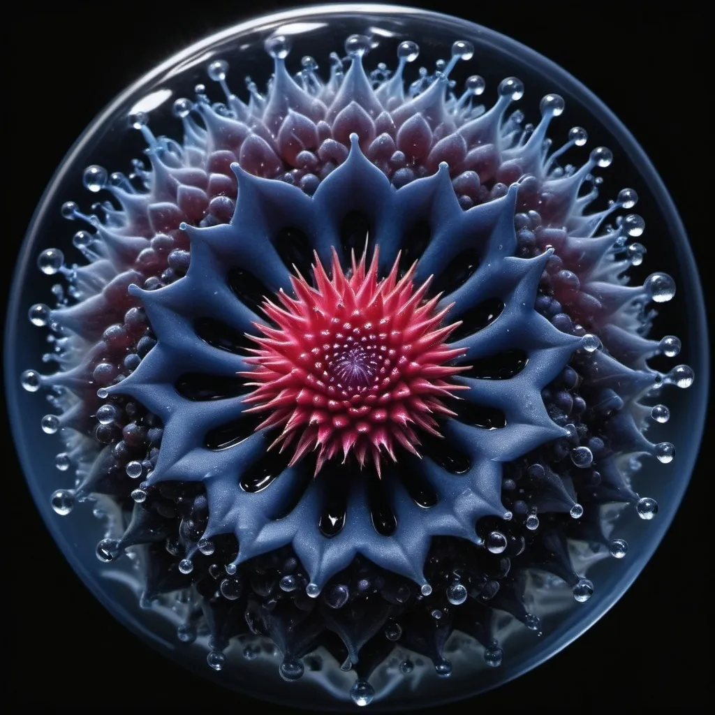 Prompt: Mercury droplets 
Chiaroscuro 
Ferrofluid
Prussian blue landscapes
Electricity storm
Fluorescent blood streams
Milk melons
Ruby sunshine
Shrubbery and tendrils
Morning dew drops
Translucent sedum
Sacred geometry 
Mandlebrot sets
Ivy
Electrochemical explosions