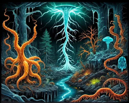 Prompt: Phi ratio, Chiaroscuro, x-rays, Mercury pool background, Minerals glowing, Ice crystals, carnivore bones, high voltage Tesla lightning, Frost, Iridescent streams in background, Black light, fluorescent electric Tentacles, Prussian blue foreground, deep forest green, Ochre and blood background, Electrical Storm, High gloss, Sunshine dew drops, violent chemical reactions