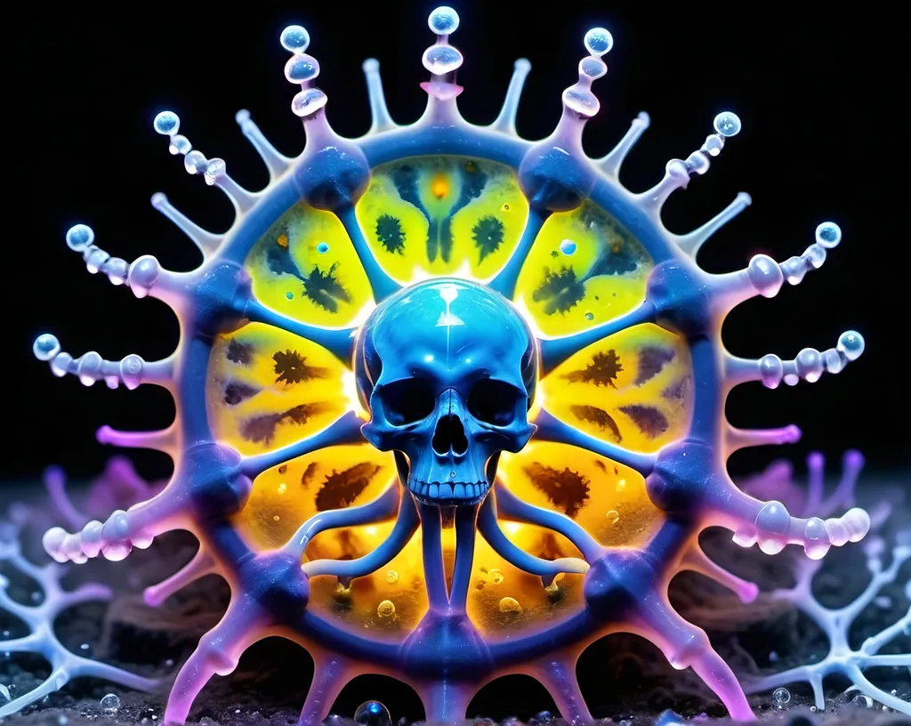 Prompt: Phi ratio, Chiaroscuro, x-rays, Mercury pool background, Minerals glowing, Ice crystals, bones or skeletons, ganglion, high voltage Tesla lightning, Frost, Iridescent streams, Romanesco, Black light, fluorescent electric rainbow, Tentacles, Prussian blue, Ochre, Electrical Storm, High gloss, Sunshine dew drops, Sacred geometry, violent chemical reactions