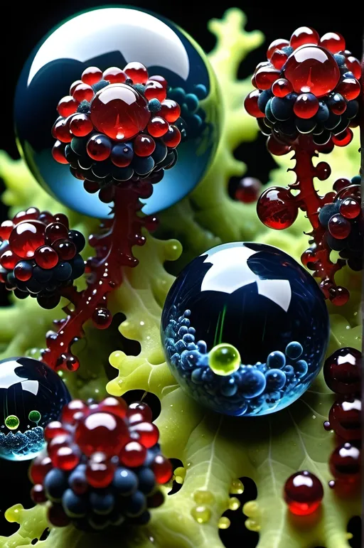 Prompt: High gloss, Prussian blue fractals throughout foreground, deep blood red crystals, high voltage lightning orbs across the background, chiaroscuro, high contrast lighting, fractal, romanesco, Phi ratio, fluorescent lime caviar,
Golden mean, lichen, forest green moss, assorted sizes of translucent berries, very large sunshine dew drops. 