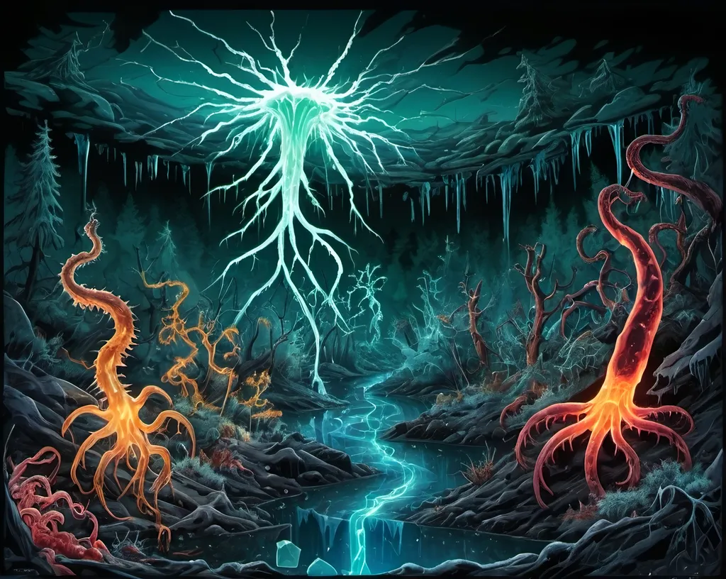 Prompt: Phi ratio, Chiaroscuro, x-rays, Mercury pool background, Minerals glowing, Ice crystals, carnivore bones, high voltage Tesla lightning, Frost, Iridescent streams in background, Black light, fluorescent electric Tentacles, Prussian blue foreground, deep forest green, Ochre and blood background, Electrical Storm, High gloss, Sunshine dew drops, violent chemical reactions