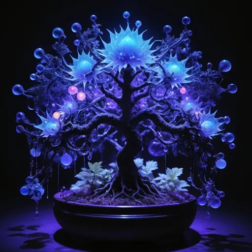 Prompt: Electrochemical dew drops
Botanical bonsai 
opal flashbangs
Black light Ultraviolet 
High voltage storm 
Ferrofluid Moonbeams
Fluorescent Mandelbrot
Star light sapphire nebula 
Plant tendril’s 
Lake ice 
Chiaroscuro 
Sacred geometry 
Translucent Grapevines