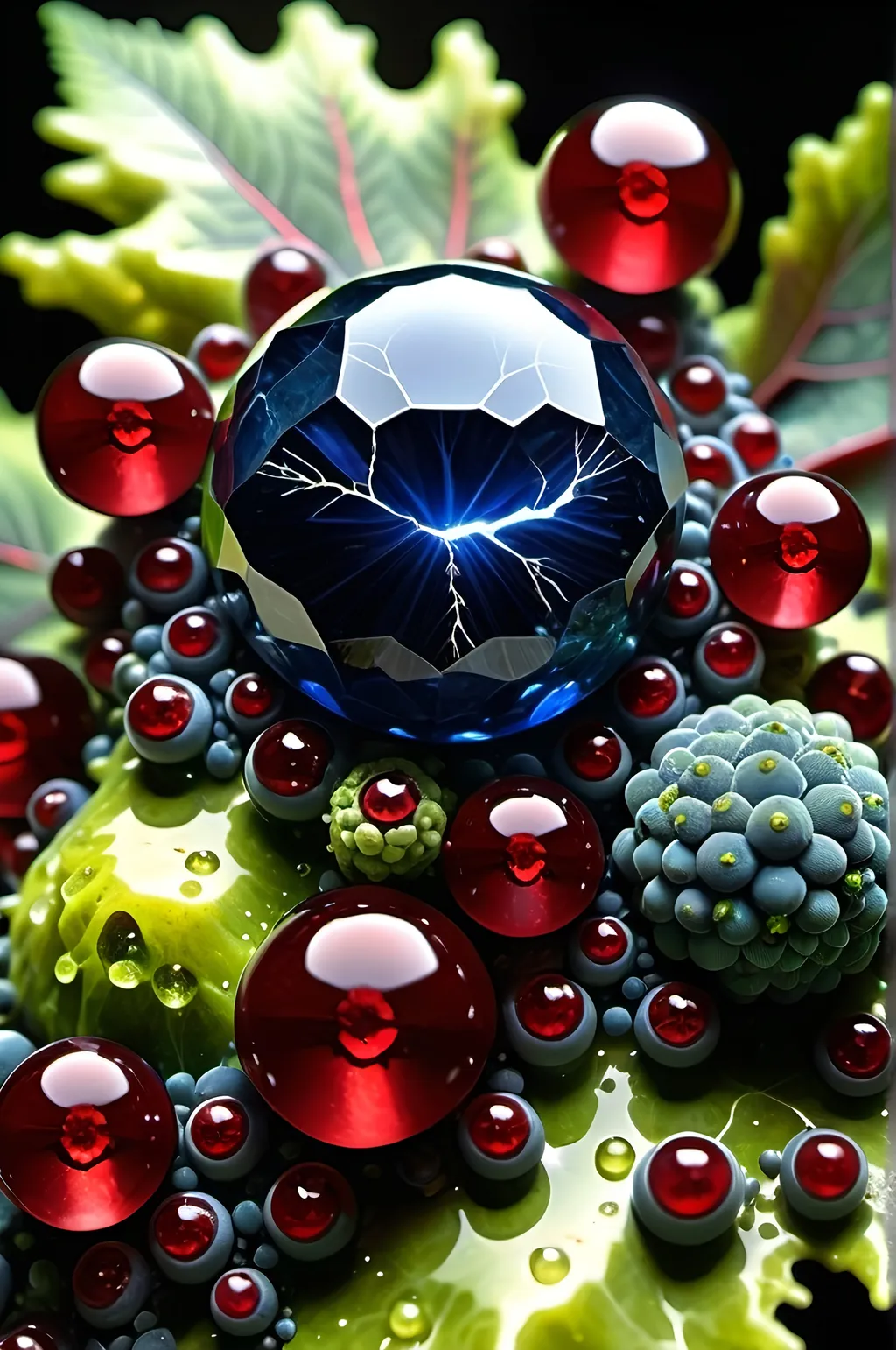 Prompt: High gloss, Prussian blue gemstones throughout foreground, deep blood red crystals, multiple high voltage lightning orbs across the background, chiaroscuro, high contrast lighting, fractal, romanesco, Phi ratio, fluorescent lime caviar,
Golden mean, lichen, forest green moss, glistening translucent berries, sunshine dew drops. 