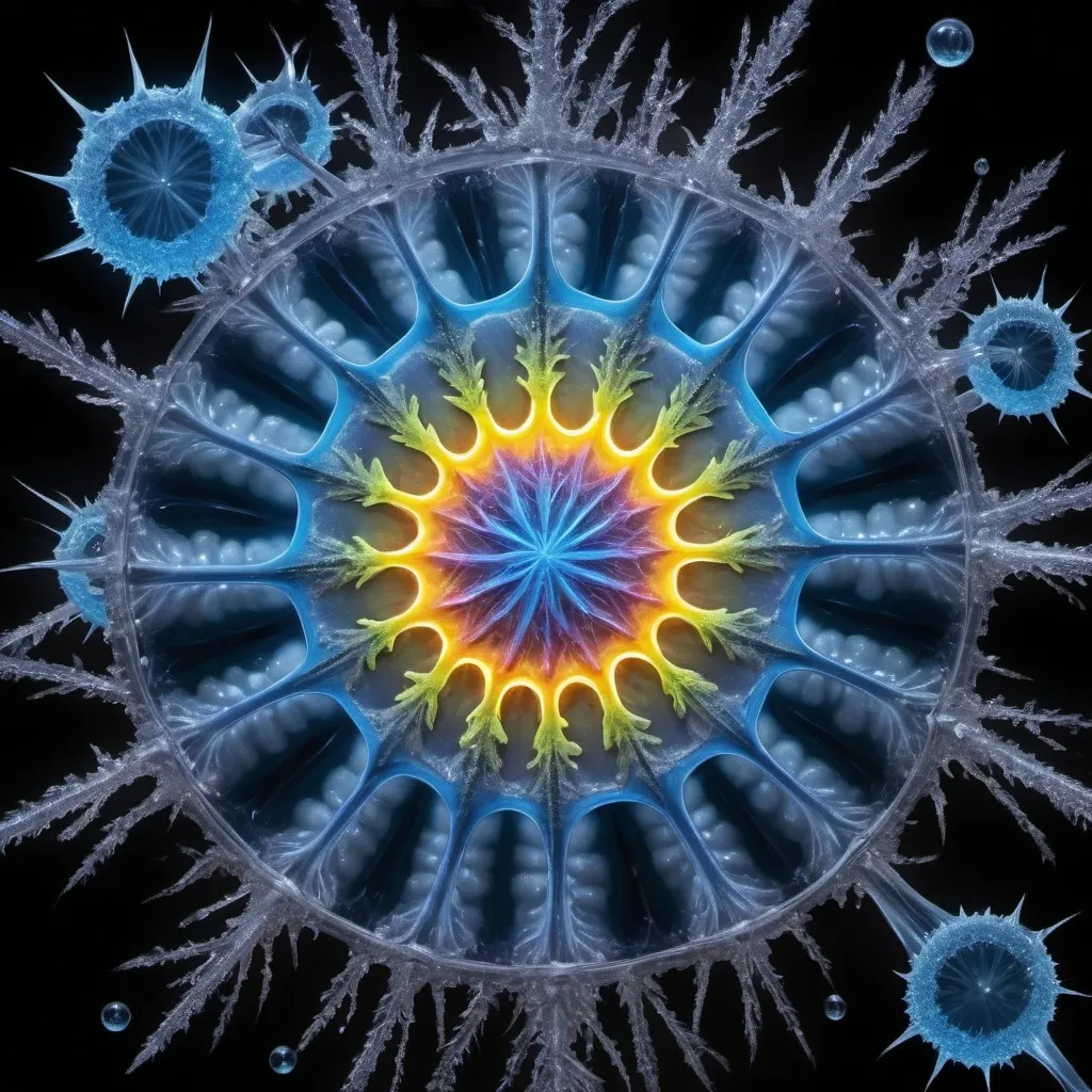 Prompt: Phi ratio, Chiaroscuro, x-rays, Mercury pool background, Minerals glowing, Ice crystals, cilia, ganglion, high voltage Tesla lightning, Frost, Iridescent streams, Romanesco, Black light, fluorescent electric rainbow, Tentacles, Prussian blue, Ochre, Electrical Storm, High gloss, Sunshine dew drops, Sacred geometry, violent chemical reactions