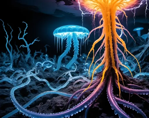 Prompt: Phi ratio, Chiaroscuro, x-rays, Mercury pool background, Minerals glowing, Ice crystals, carnivore bones, high voltage Tesla lightning, Frost, Iridescent streams in background, Black light, fluorescent electric Tentacles, Prussian blue, Ochre, Electrical Storm, High gloss, Sunshine dew drops, violent chemical reactions