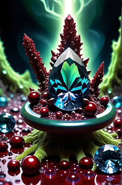 Prompt: High gloss, Prussian blue gemstones throughout foreground, deep blood red crystals, multiple high voltage Tesla coils across the background, chiaroscuro, high contrast ghost figures, fractal, romanesco, Phi ratio,  
Golden mean, lichen, forest green moss, glistening translucent berries, sunshine dew drops. 