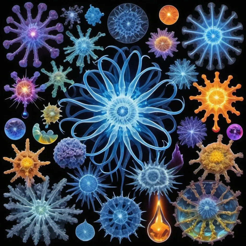 Prompt: Phi ratio, Chiaroscuro, x-rays, Mercury pool background, Minerals glowing, Ice crystals, cilia, ganglion, high voltage Tesla lightning, Frost, Iridescent streams, Romanesco, Black light, fluorescent electric rainbow, Tentacles, Prussian blue, Ochre, Electrical Storm, High gloss, Sunshine dew drops, Sacred geometry, violent chemical reactions