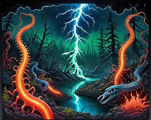 Prompt: Phi ratio, Chiaroscuro, x-rays, Mercury pool background, Minerals glowing, Ice crystals, carnivore bones, high voltage Tesla lightning, Frost, Iridescent streams in background, Black light, fluorescent electric Tentacles, dark Prussian blue foreground, forest green, Ochre and Blood background, Electrical Storm, High gloss, Sunshine dew drops, violent chemical reactions