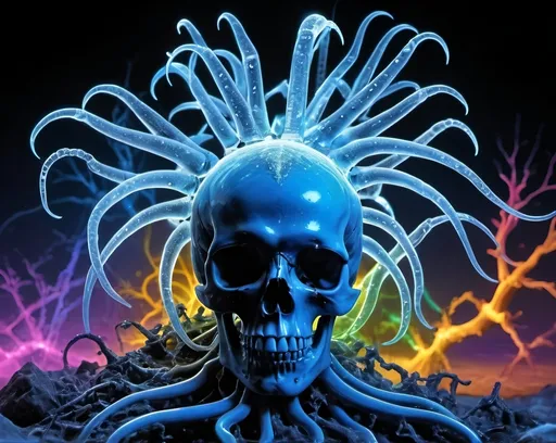 Prompt: Phi ratio, Chiaroscuro, x-rays, Mercury pool background, Minerals glowing, Ice crystals, bones or skeletons, ganglion, high voltage Tesla lightning, Frost, Iridescent streams in background, Black light, fluorescent electric rainbow, Tentacles, Prussian blue, Ochre, Electrical Storm, High gloss, Sunshine dew drops, violent chemical reactions