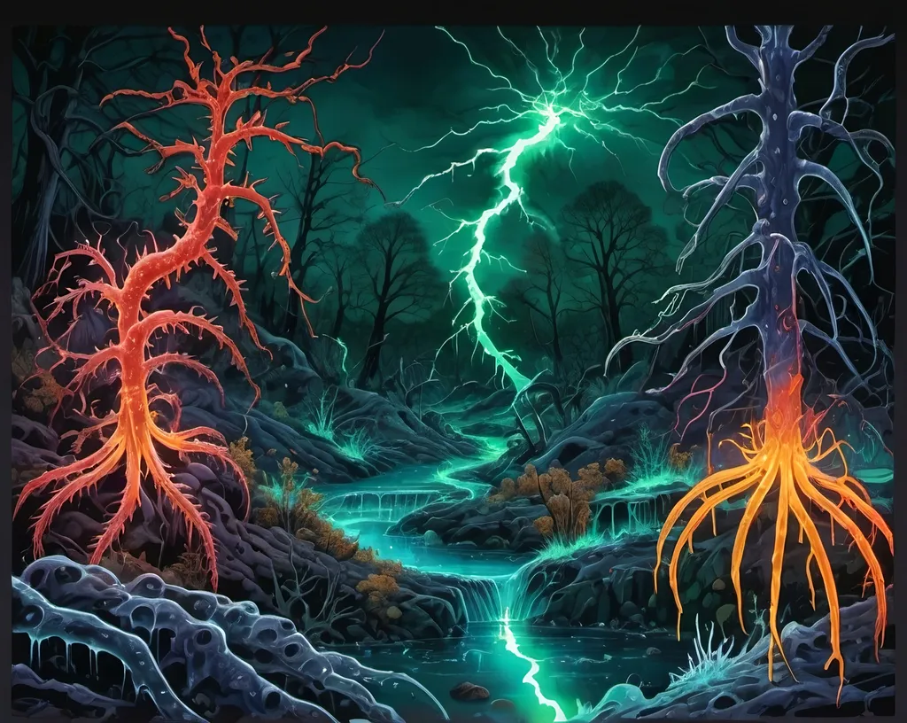 Prompt: Phi ratio, Chiaroscuro, x-rays, Mercury pool background, Minerals glowing, Ice crystals, carnivore bones, high voltage Tesla lightning, Frost, Iridescent streams in background, Black light, fluorescent electric Tentacles, dark Prussian blue foreground, forest green, Ochre and Blood background, Electrical Storm, High gloss, Sunshine dew drops, violent chemical reactions