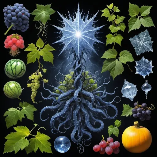 Prompt: Phi
Chiaroscuro 
Mercury
Minerals
Ice crystals
lightning
Liquid rainbow
Frost
Romanesco 
Tentacles
Vines
Tendrils
Pearlescent Grapes
Plasma
Prussian blue
Ochre
Electrical Storm
High gloss blood spatter
Translucent melons, squash or berries
Shrubbery
Morning dew drops
Sacred geometry 
Mandlebrot sets
Ivy
Electrochemical violent reactions