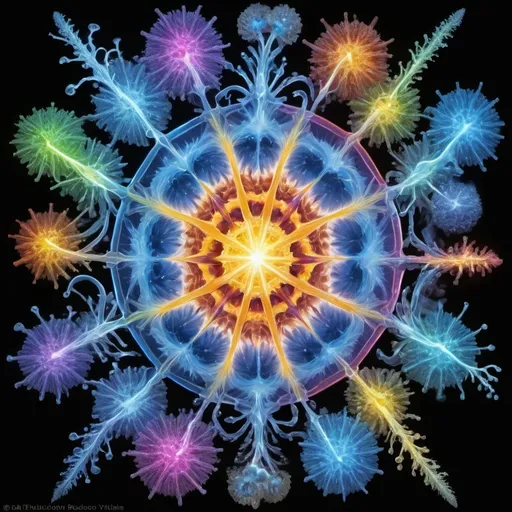 Prompt: Phi ratio, Chiaroscuro, x-rays, Mercury pool background, Minerals glowing, Ice crystals, cilia, ganglion, high voltage Tesla lightning, Frost, Iridescent streams, Romanesco, Black light, fluorescent electric rainbow, Tentacles, Prussian blue, Ochre, Electrical Storm, High gloss, Sunshine dew drops, Sacred geometry, violent chemical reactions