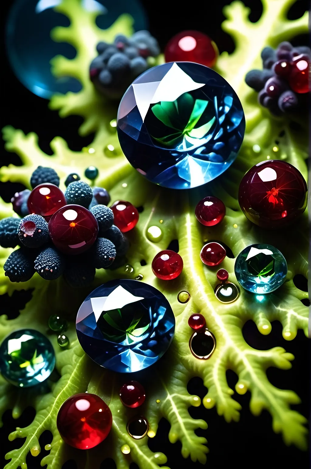 Prompt: High gloss, Prussian blue gemstones throughout foreground, deep blood red crystals, multiple high voltage lightning orbs across the background, chiaroscuro, high contrast lighting, fractal, romanesco, Phi ratio, fluorescent lime caviar,
Golden mean, lichen, forest green moss, glistening translucent berries, sunshine dew drops. 