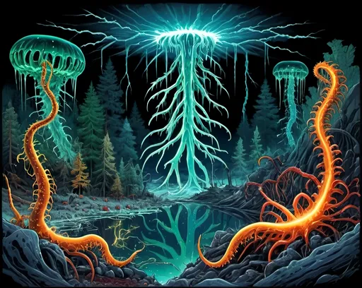 Prompt: Phi ratio, Chiaroscuro, x-rays, Mercury pool background, Minerals glowing, Ice crystals, carnivore bones, high voltage Tesla lightning, Frost, Iridescent streams in background, Black light, fluorescent electric Tentacles, Prussian blue foreground, deep forest green, Ochre and blood background, Electrical Storm, High gloss, Sunshine dew drops, violent chemical reactions