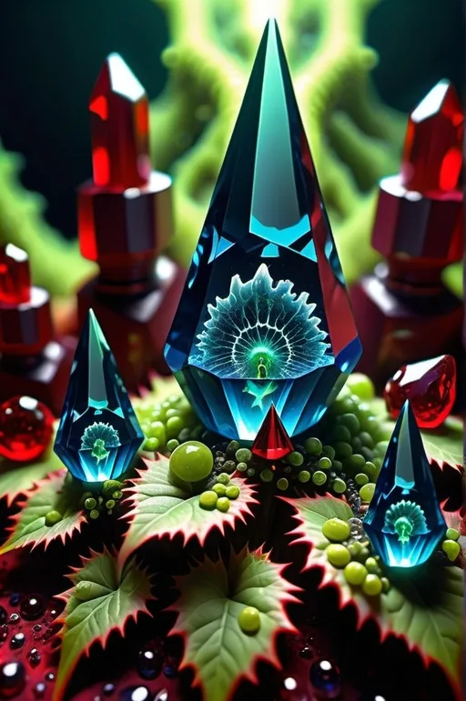 Prompt: High gloss, Prussian blue gemstones throughout foreground, deep blood red crystals, multiple high voltage Tesla coils across the background, chiaroscuro, high contrast ghost figures, fractal, romanesco, Phi ratio,  
Golden mean, lichen, forest green moss, glistening translucent berries, sunshine dew drops. 