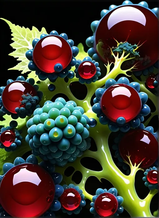 Prompt: High gloss, Prussian blue fractals throughout foreground, deep blood red crystals, high voltage lightning orbs across the background, chiaroscuro, high contrast lighting, fractal, romanesco, Phi ratio, fluorescent lime caviar,
Golden mean, lichen, forest green moss, assorted sizes of translucent berries, very large sunshine dew drops. 