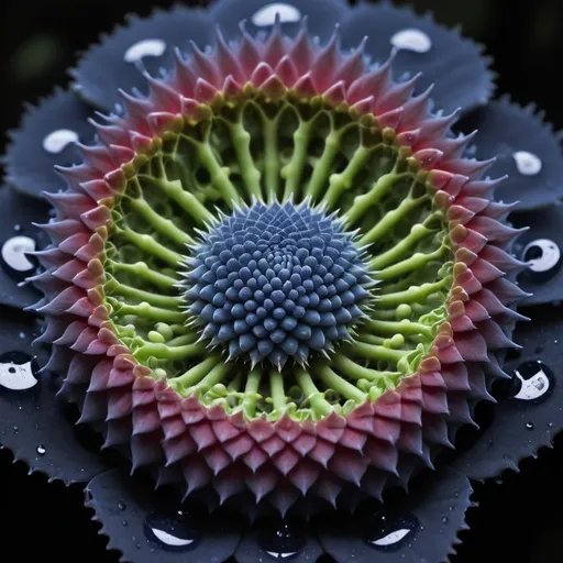 Prompt: Mercury droplets 
Chiaroscuro 
Ferrofluid kaleidoscope 
Ultraviolet Romanesco 
Prussian blue landscapes
Leafy greens
Electricity storm
Dark blood streams
Milk melons
Triangle ochre 
Ruby sunshine
Shrubbery and tendrils
Morning dew drops
Translucent sedum
Sacred geometry 
Mandlebrot sets
Ivy
Electrochemical explosions