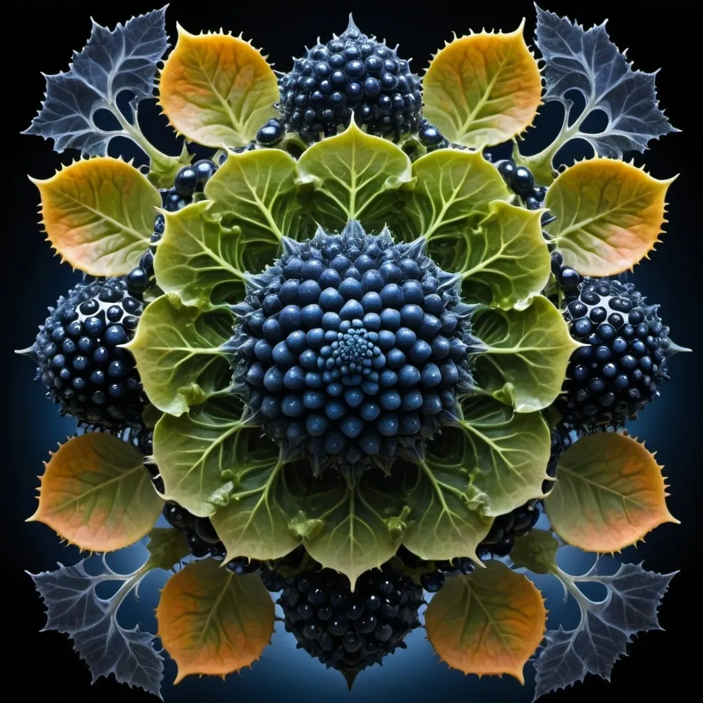 Prompt: Phi
Chiaroscuro 
Ferrofluid
Mercury
Minerals
crystals
lightning
Romanesco 
Vines
Tendrils
Squash
Prussian blue
Leafy greens
Electrical Storm
High gloss blood spatter
Translucent melons or berries
Deep ochre 
Shrubbery
Morning dew drops
Sacred geometry 
Mandlebrot sets
Ivy
Electrochemical violent reactions