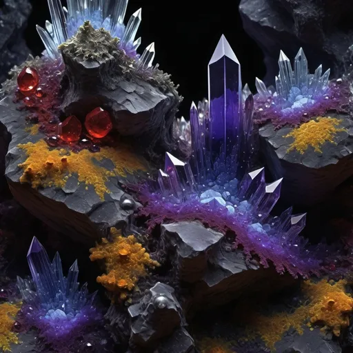 Prompt: High gloss finish, dark royal purple and Prussian blue crystals in foreground, warm blood red and ochre mineral deposits in background, chiaroscuro, fractal, Phi ratio,  
Golden mean, lichen, moss, pure white dew drops, mysterious glowing vapor, black light UV ghosts