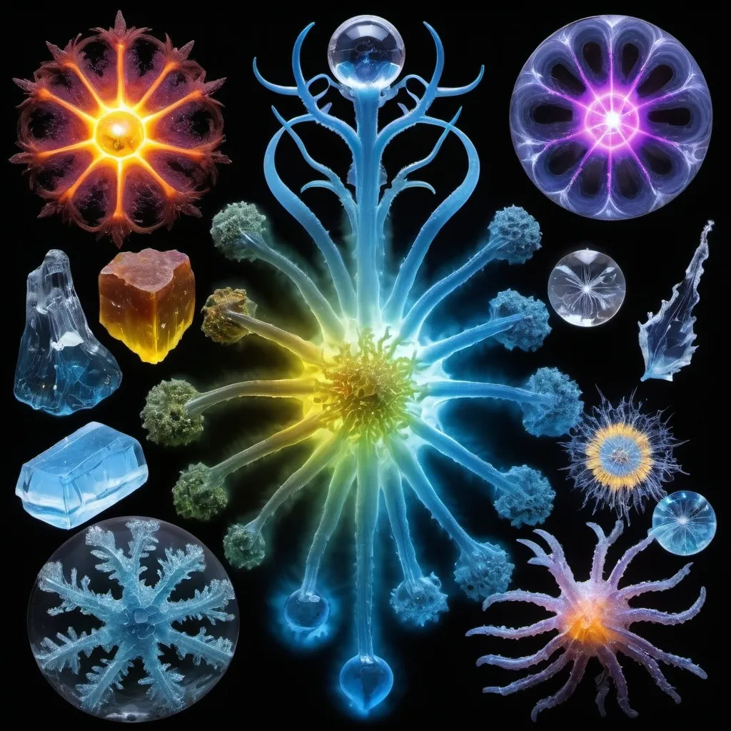 Prompt: Phi, Chiaroscuro, x-rays, Mercury pool background, Minerals glowing, Ice crystals, cilia, ganglion, high voltage Tesla lightning, Taxidermy, Organ, Frost, Iridescent streams, Romanesco, Black light, fluorescent electric rainbow, Tentacles, Prussian blue, Ochre, Electrical Storm, High gloss, Sunshine dew drops, Sacred geometry, violent chemical reactions