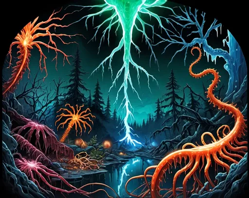 Prompt: Phi ratio, Chiaroscuro, x-rays, Mercury pool background, Minerals glowing, Ice crystals, carnivore bones, high voltage Tesla lightning, Frost, Iridescent streams in background, Black light, fluorescent electric Tentacles, Prussian blue foreground, deep forest green, Ochre and blood background, Electrical Storm, High gloss, Sunshine dew drops, violent chemical reactions