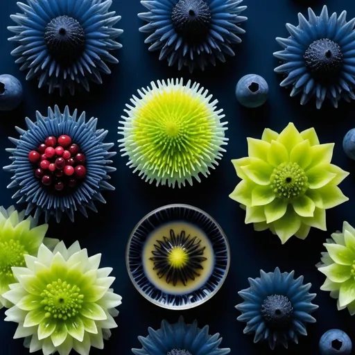 Prompt: Mercury botanicals
Chiaroscuro 
Ferrofluid
Prussian blue streams
Fluorescent lime berries
Milk and Honeydew
Cranberry blood
Morning dew
Translucent blossoms
Sacred geometry 
Mandlebrot sets
Ivy
Electrochemical explosions