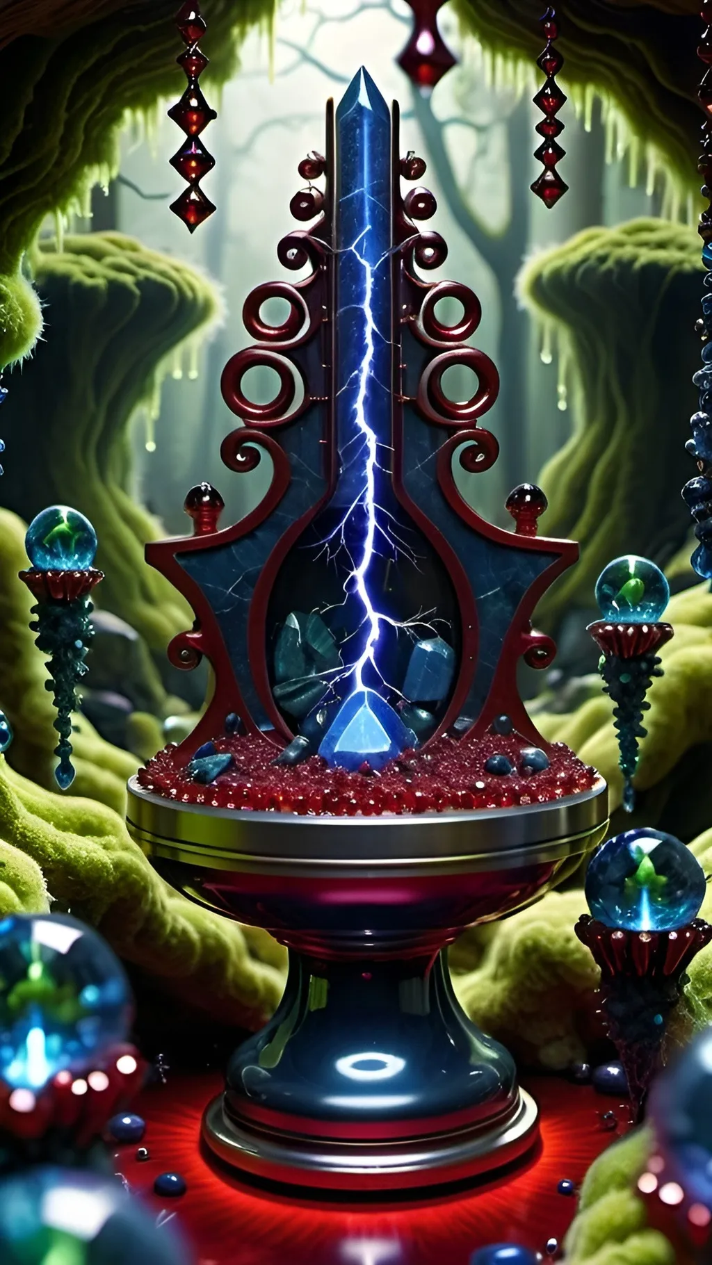 Prompt: High gloss, Prussian blue gemstones throughout foreground, deep blood red crystals, multiple high voltage Tesla coils across the background, chiaroscuro, high contrast ghost figures, fractal, romanesco, Phi ratio,  
Golden mean, lichen, forest green moss, glistening translucent berries, sunshine dew drops. 