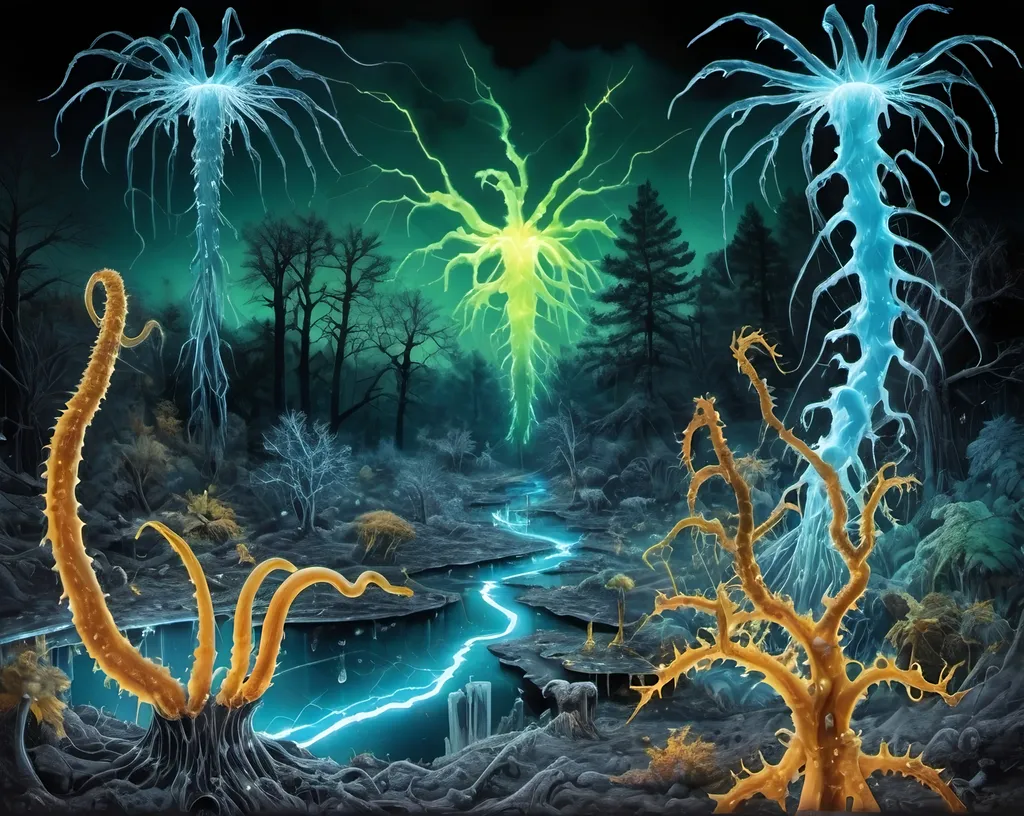 Prompt: Phi ratio, Chiaroscuro, x-rays, Mercury pool background, Minerals glowing, Ice crystals, carnivore bones, high voltage Tesla lightning, Frost, Iridescent streams in background, Black light, fluorescent electric Tentacles, Prussian blue, forest green, Ochre, Electrical Storm, High gloss, Sunshine dew drops, violent chemical reactions