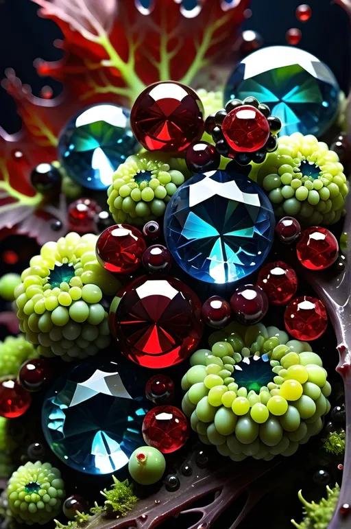 Prompt: High gloss, Prussian blue gemstones throughout foreground, deep blood red crystals, multiple high voltage lightning orbs across the background, chiaroscuro, high contrast lighting, fractal, romanesco, Phi ratio, fluorescent lime caviar,
Golden mean, lichen, forest green moss, glistening translucent berries, sunshine dew drops. 