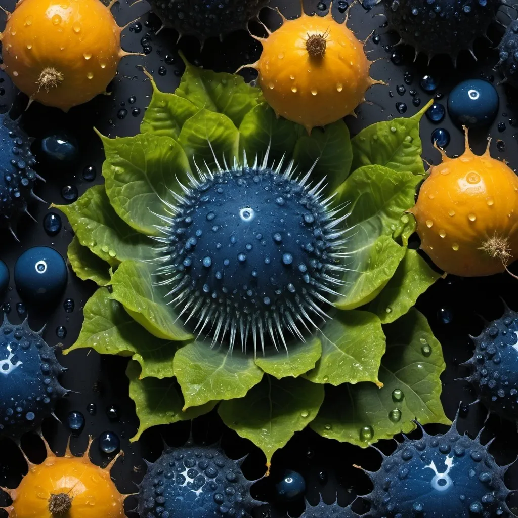 Prompt: Mercury droplets
Organs and entrails 
Chiaroscuro 
Ferrofluid
Radish 
kaleidoscope 
crystals
lightning
Romanesco 
Vines
Tendrils
Squash
Prussian blue
Leafy greens
Electrical Storm
High gloss blood spatter
Translucent melons or berries
Deep ochre 
Shrubbery
Morning dew drops
Sacred geometry 
Mandlebrot sets
Ivy
Electrochemical violent reactions