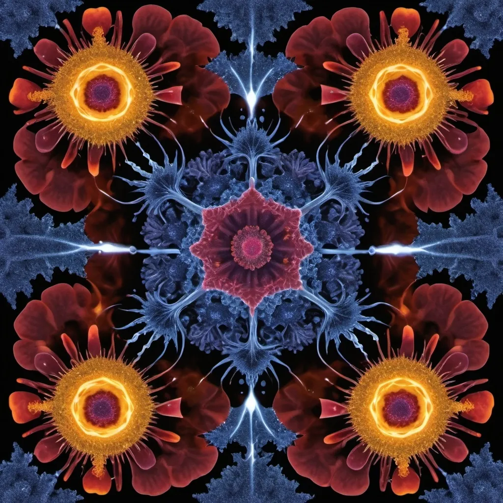 Prompt: Mercury background 
Chiaroscuro askew
Ferrofluid 
kaleidoscope crystals
Ultraviolet lightning explosions
Romanesco 
Vines
Tendrils
Squash
Prussian blue landscapes
Leafy greens
Electricity storm
Dark blood streams
Milk melons
Triangle ochre 
Ruby sunshine
Shrubbery and tendrils
Morning dew drops
Translucent sedum
Sacred geometry 
Mandlebrot sets
Ivy
Electrochemical explosions