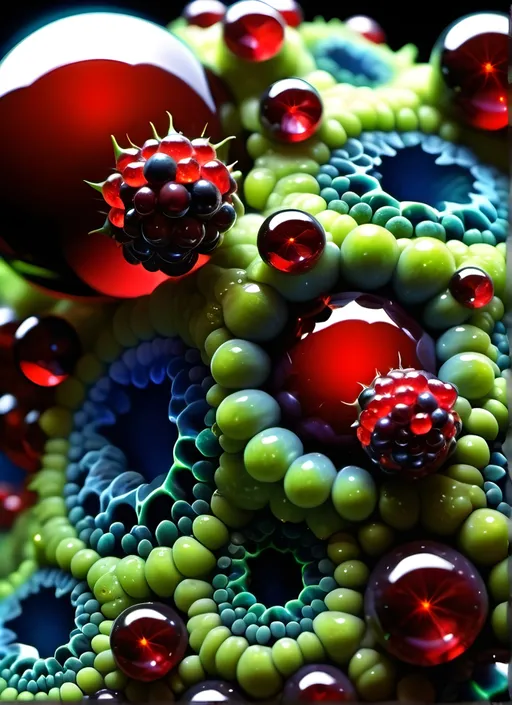 Prompt: High gloss, Prussian blue fractals throughout foreground, deep blood red crystals, high voltage lightning orbs across the background, chiaroscuro, high contrast lighting, fractal, romanesco, Phi ratio, fluorescent lime caviar,
Golden mean, lichen, forest green moss, assorted sizes of translucent berries, very large sunshine dew drops. 