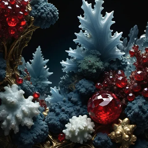 Prompt: High gloss, Prussian blue crystals in foreground, blood red gems in background, chiaroscuro, fractal, romanesco, Phi ratio,  
Golden mean, lichen, moss, pure white mineral deposits, translucent grape vines